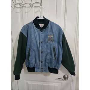 Vintage Mirage Classics Team Mirage Denim Bomber Jacket USA Green Blue Medium